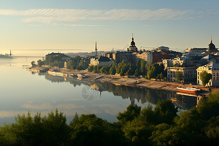 河流港口的城镇背景图片