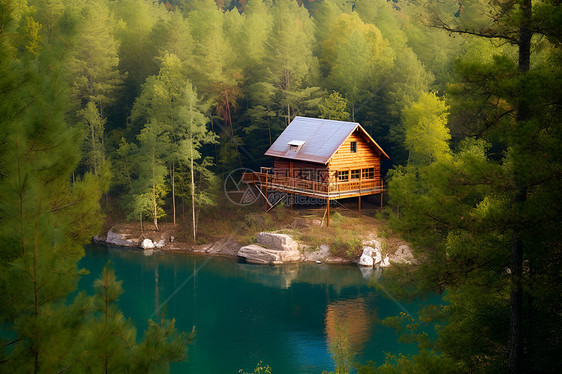 湖畔支起的小屋图片