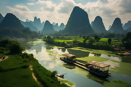 山水风景船在山水之间漂浮背景