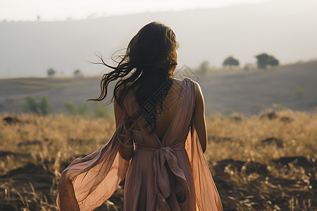 女人站在田野中的背影图片