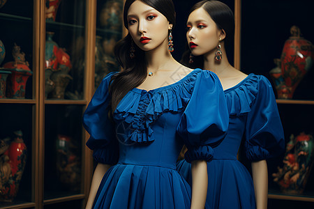 两个穿着蓝色连衣裙的女孩图片