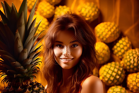 金黄菠萝前的女人图片