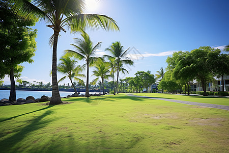 椰树下的草坪背景图片