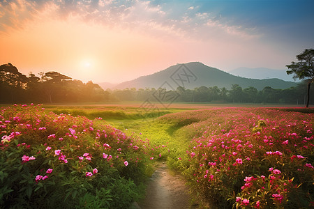 夕阳下的山脉和花海图片