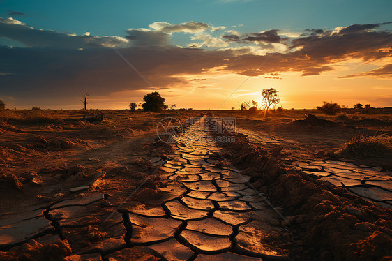 破裂土地的黄昏景象图片