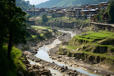 壮观的山谷小镇景观背景图片