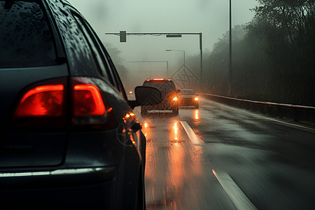 雨天道路上行驶的汽车图片