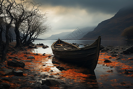 湖畔废弃的孤舟背景图片