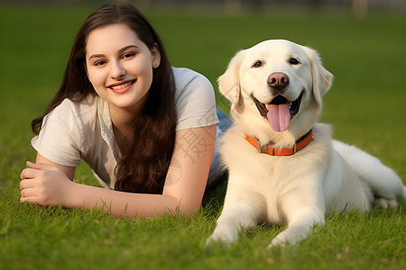 户外草地上的拉布拉多犬和主人图片