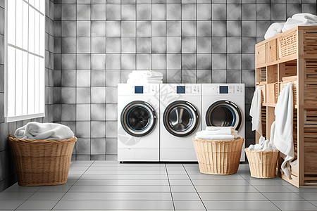 波轮洗衣机洁净的现代洗衣房背景