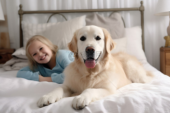 女孩与金毛犬温馨共眠图片