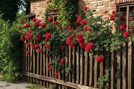 木栅栏墙后的玫瑰图片