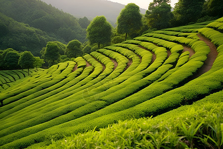 山丘上的绿茵茵茶园背景图片