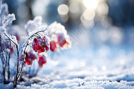 雪地绽放的红花图片