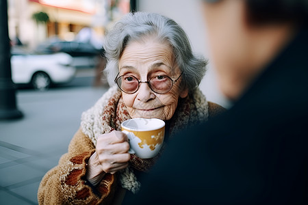 老年妇女拿着一杯咖啡图片