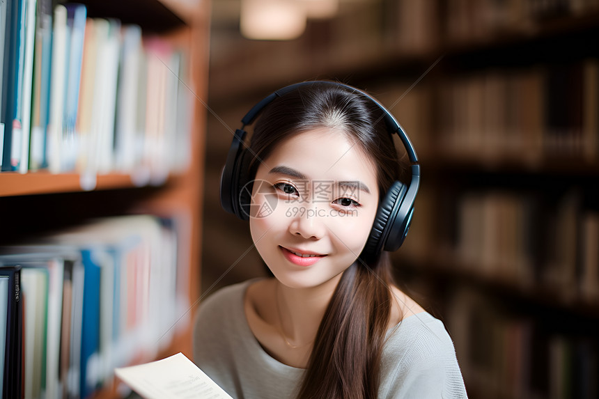 图书馆里戴着耳机的女孩图片