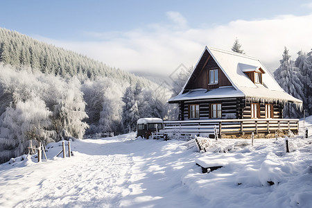 森林自然雪景雪地里的小屋背景