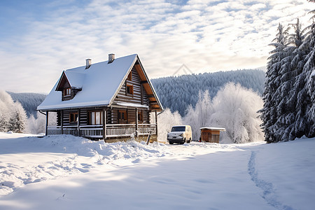 冬日雪花覆盖的小屋图片