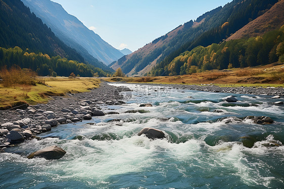 河流穿过山峰图片