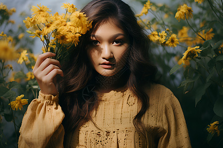 女士手捧黄花图片