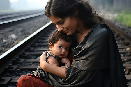 坐在火车轨道上的母子背景图片