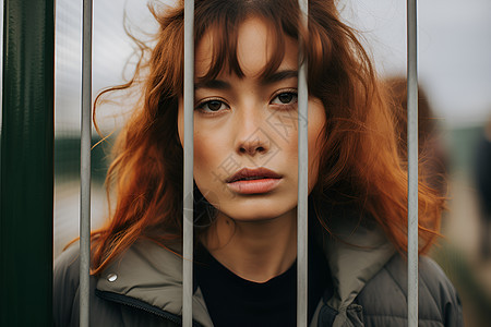 铁栅栏里的红发女人图片
