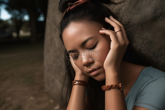 闭眼抚摸脑袋的年轻女子图片