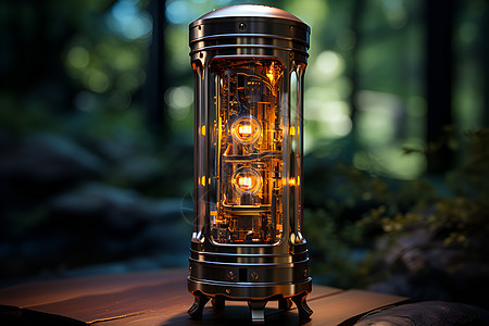 一盏金属灯笼融入森林之中图片