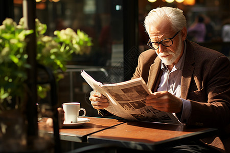 一位老人在室内看报纸图片