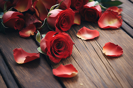  红色木木桌上红玫瑰花背景