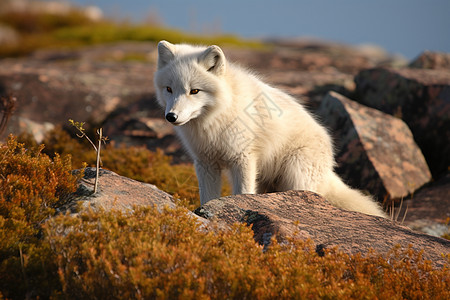 白狐在岩石上站着图片