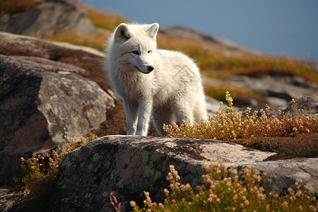白狼站在草坡上图片