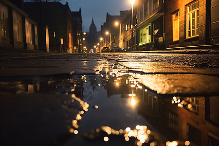 夜晚下的湿街建筑图片