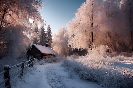 雪中的小屋图片