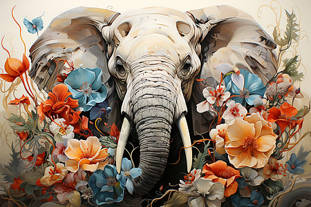 象牙制品花朵中的大象插画