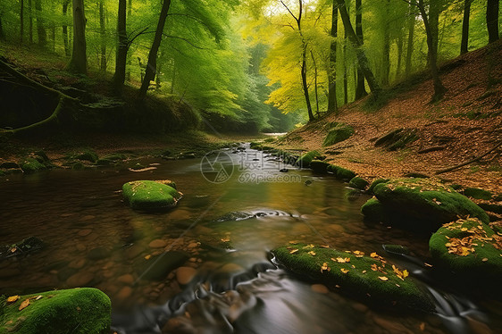 溪流穿过绿树丛中的森林图片