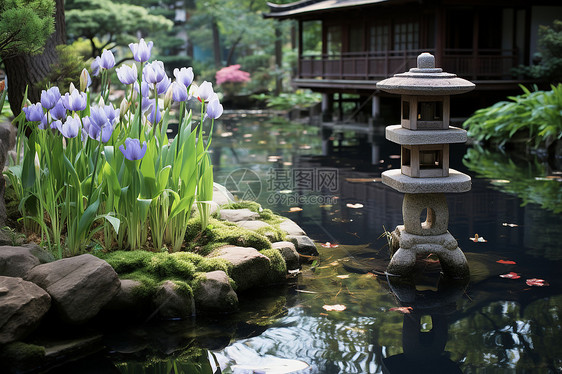 水池旁的花朵图片