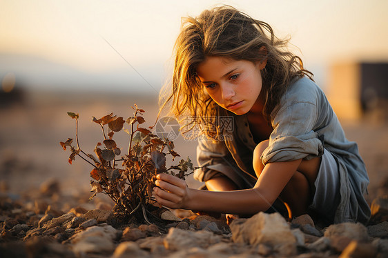 女孩种植树苗图片