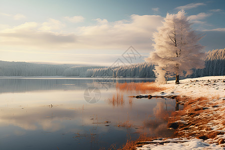 冰封的湖边孤独的树图片