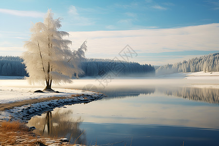 冬日湖中孤树图片