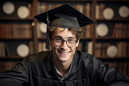 优秀毕业生在书架前自信微笑图片