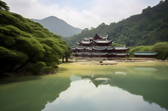 湖光山色下的建筑图片