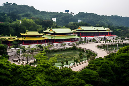 依山傍水的古建筑背景图片