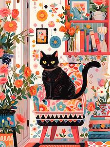 花墙书屋中的黑猫图片