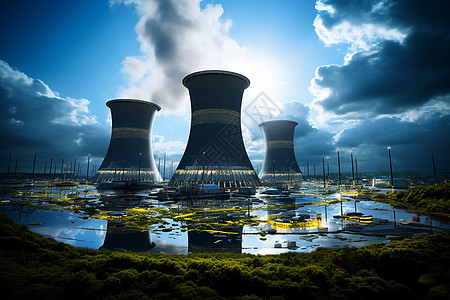 天空下的核能发电厂高清图片