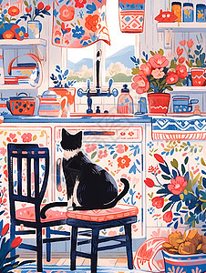 厨房椅子上的猫咪背景图片