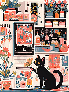 猫咪与花墙背景图片