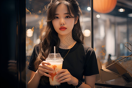 喝奶茶的亚洲女孩图片