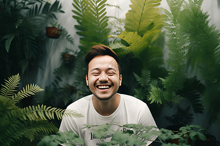 幸福的男人在绿色植物旁边图片