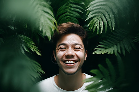 快乐的男人在绿色植物旁边图片